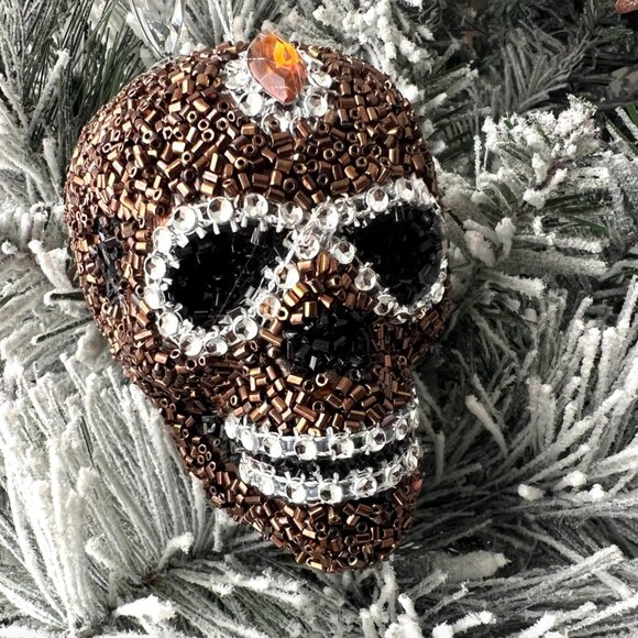 Beaded Intricate Brown or Orange Skull Ornament Halloween, Christmas Decoration - Picture 4 of 9